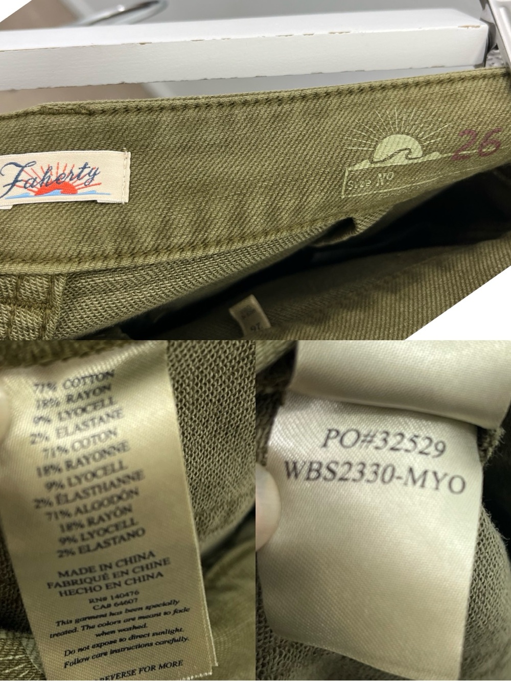 FAHERTY Stretch‎ Terry Patch Pocket Pants Forest Olive size 26 - Picture 8 of 8